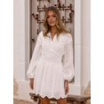 thumbnail image 4 of Women'S Spring Long Puff Sleeve Mini Dress Hollow Out Lace V Neck A Line Ruffle Casual Party Dresses White S, 4 of 10