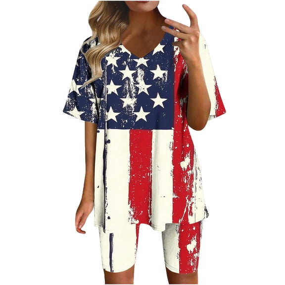 Guluxicc 2 Piece Women's Plus Size Matching Sets 4th of July V Neck T Shirts Slim Legging Shorts Casual Summer Loungewear
