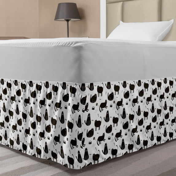 Cats Bed Skirt, Funny House Kitty Playing Around Meow Whiskers Pets Pattern Illustration, Elastic Bedskirt Dust Ruffle Wrap Around for Bedding Decor, 4 Sizes, Dark Brown and White, by Ambesonne