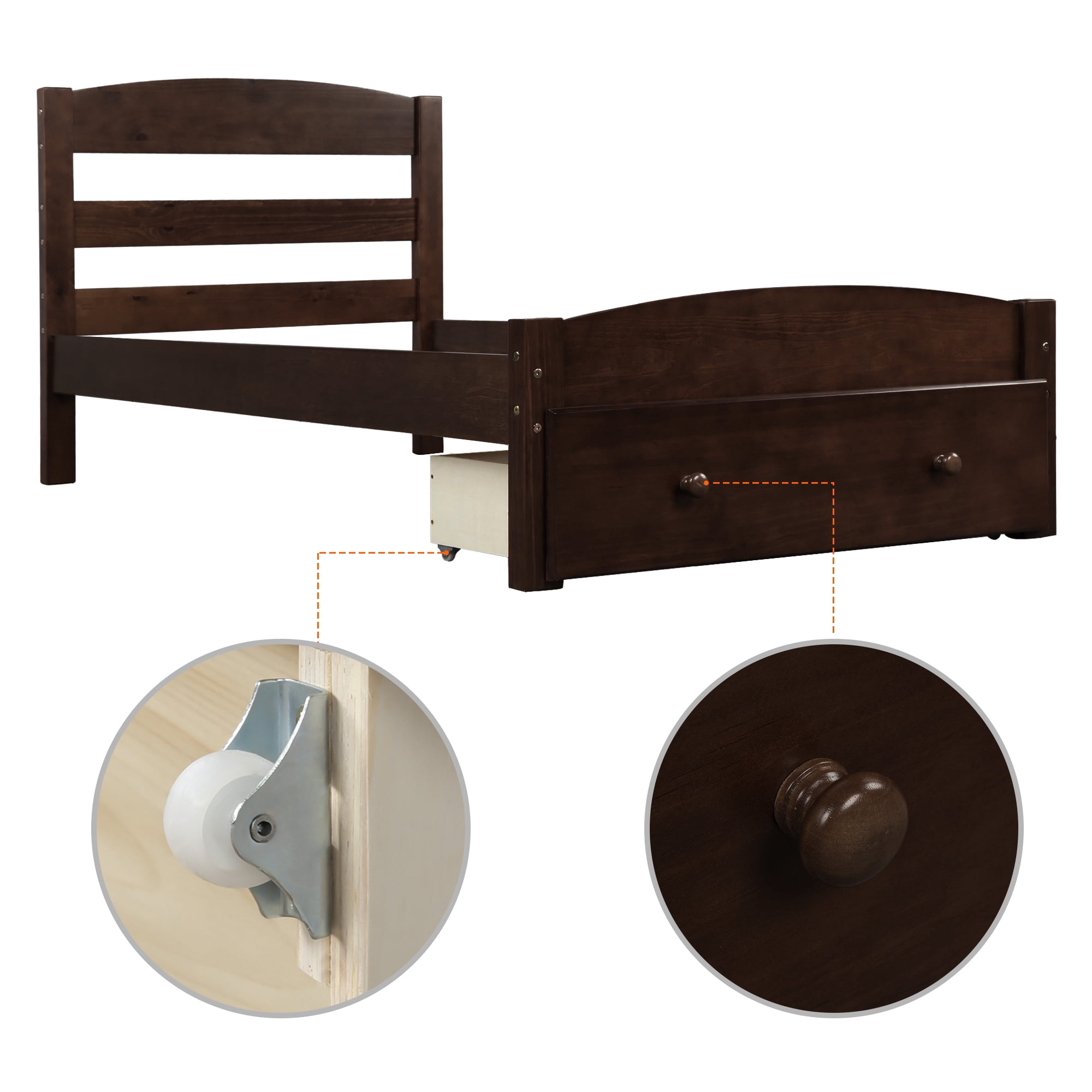 Gewnee Twin Size Wood Platform Bed Frame with Headboard and Big Storage Drawer for Kids,Espresso