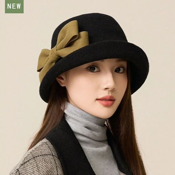 Elegant Cloche Wool Fedora Hat with Rolled Brim and Bow Women's Felt Bucket Hat