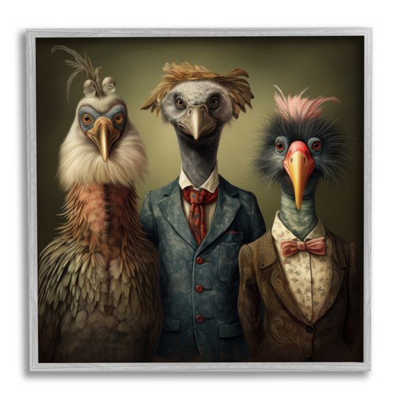 Stupell Industries Birds in Fancy Suits Animals & Insects Painting Gray Framed Art Print Wall Art, 12 x 12