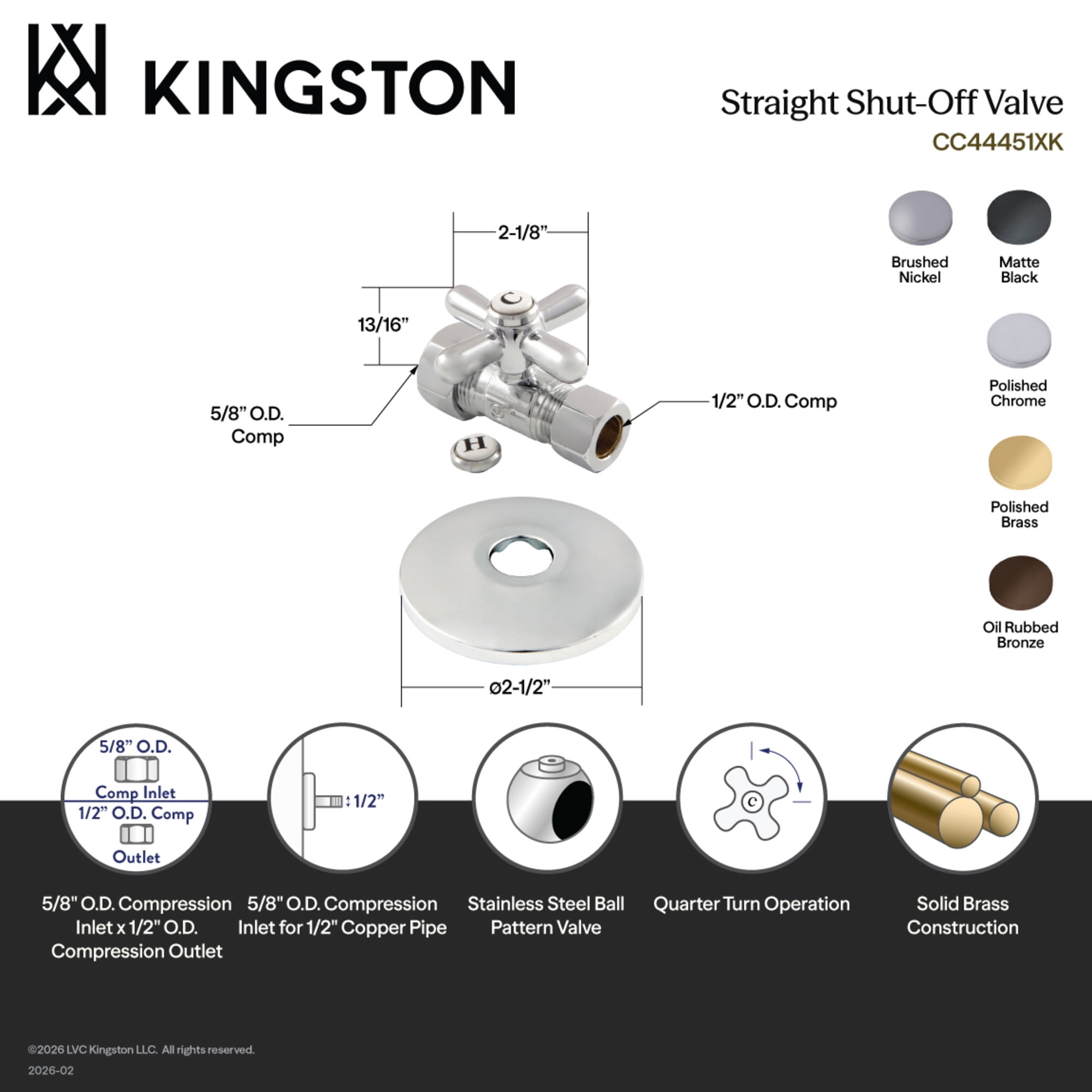 Kingston Brass CC44458XK 5/8-Inch O.D. Comp x 1/2-Inch O.D. Comp Quarter-Turn Straight Shut-Off Valve with Flange in Brushed Nickel