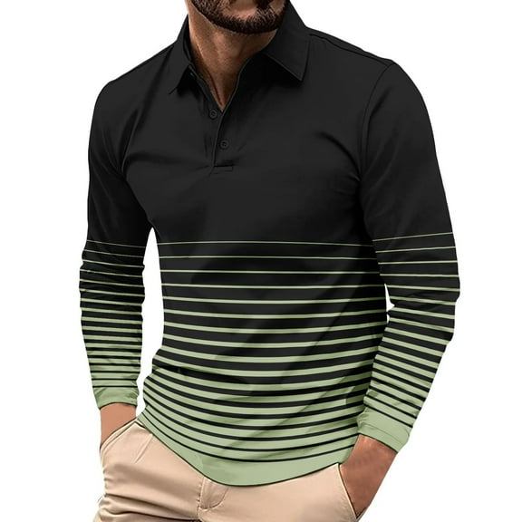 GuangCheng George Mens Long Sleeve Striped Shirts Ombre Horizontal Stripes Classic Collar Button Placket Soft Comfort Blouses,Green,M