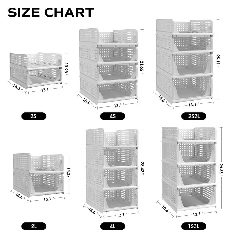 Pinkpum Stackable Plastic Storage Basket, Foldable Closet Organizers and Storage Bins 4 Pack-Drawer Shelf Storage Container for Wardrobe Cupboard