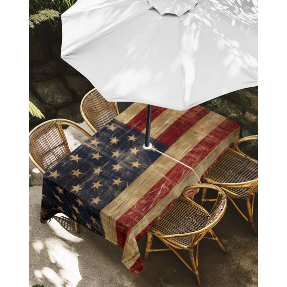 Outdoor Tablecloth with Umbrella Hole, Independence Day USA Flag Zippered Table Cloth for Rectangle Tables, Vintage American Flags Washable Waterproof Tablecloths for Picnic Patio Garden
