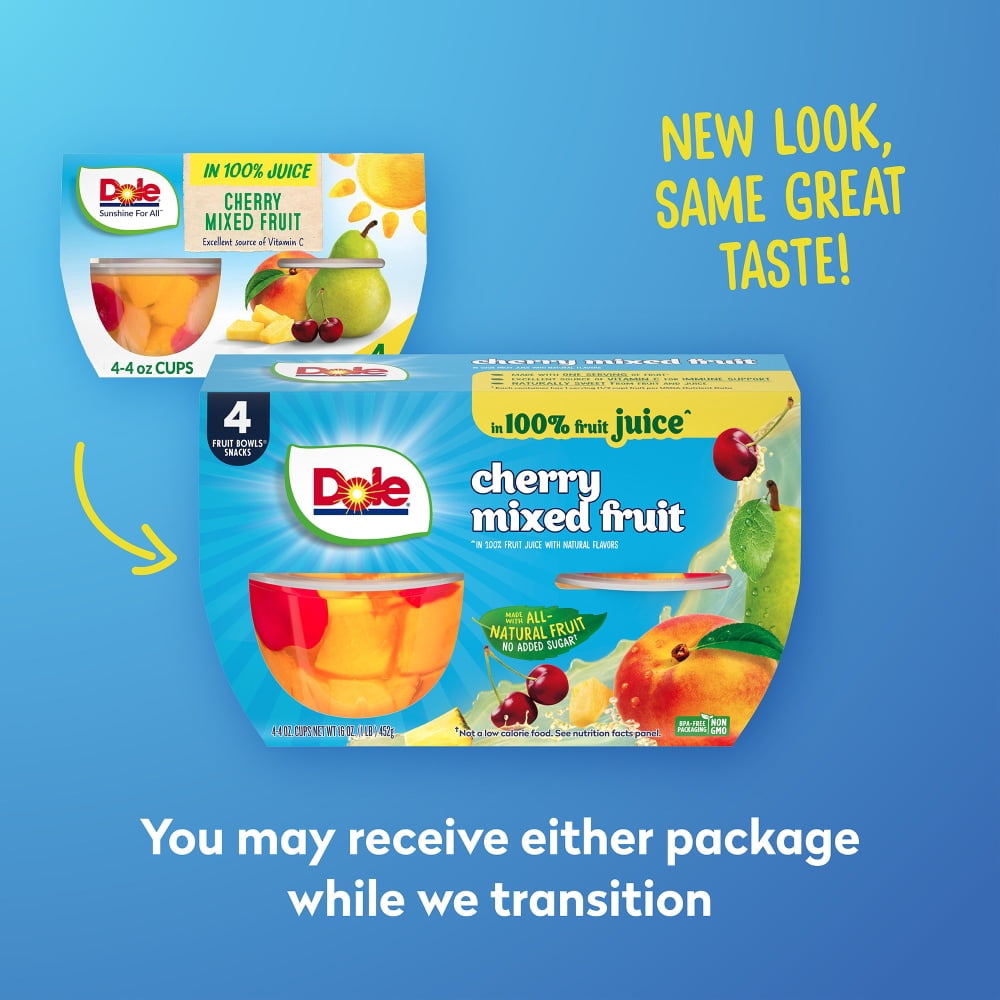 Dole Fruit Bowls Cherry Mixed Fruit In 100% Juice Cups 4 ct / 4 oz - 3 Pack