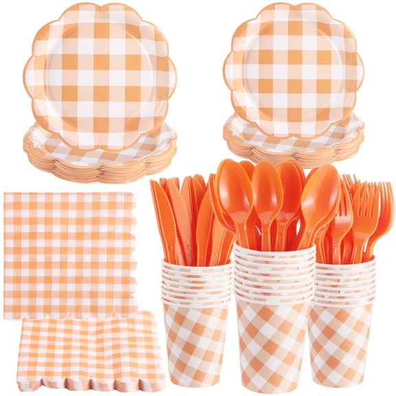 Orange Gingham Party Supplies 25 Guests, Scalloped Disposable Paper Plates Cups Napkins Cutlery Set for Wedding Birthday Bridal Shower Outdoor Picnic Fall Harvest Tableware