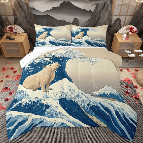 Feelyou Kawaii Wildlife Bear Bedding Comforter Set, Japaese Ocean Waves Twin Comforter Sets, Teens Kids Boys Girls Reversible Bedding Set, Microfiber Bedroom Decor, 2pcs