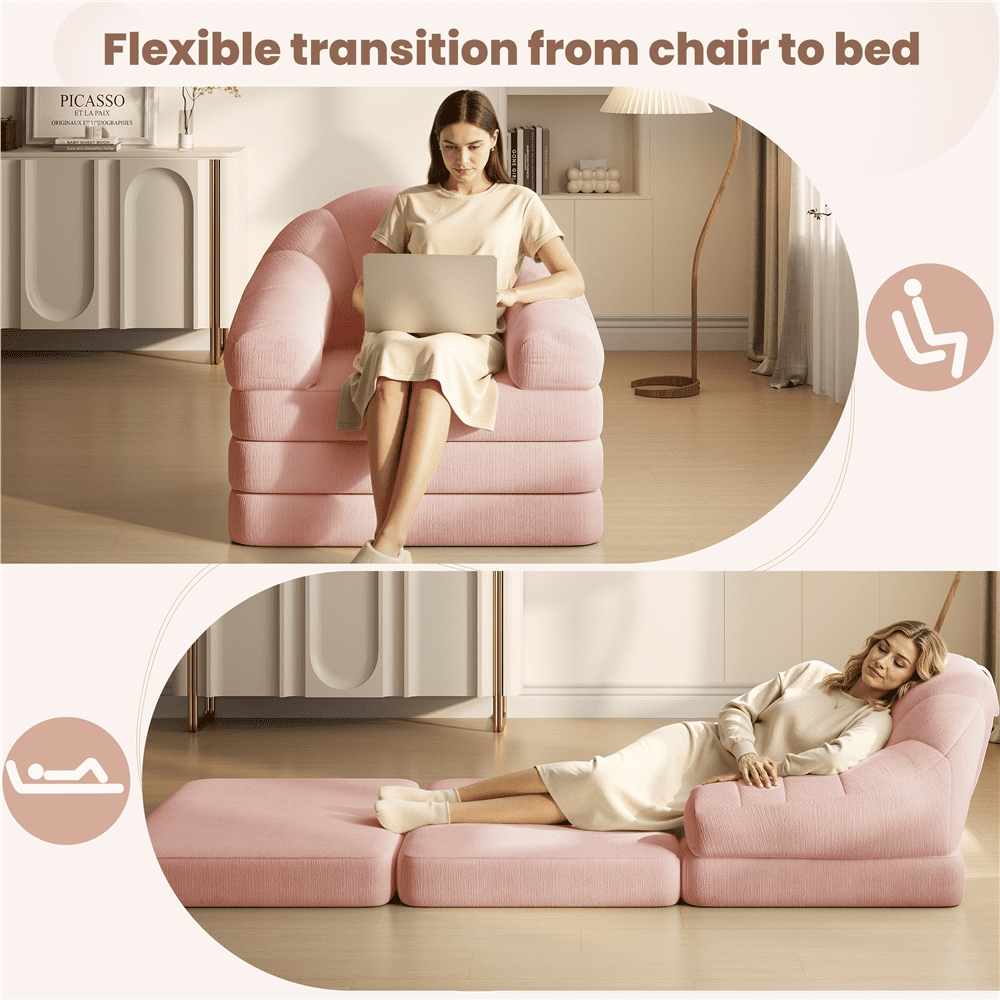 Renwick 2-in-1 Convertible Sofa  Bed Folding Sleep Chair Bed Chenille Sofa with Armrests  for Living Room and Bedroom,Pink