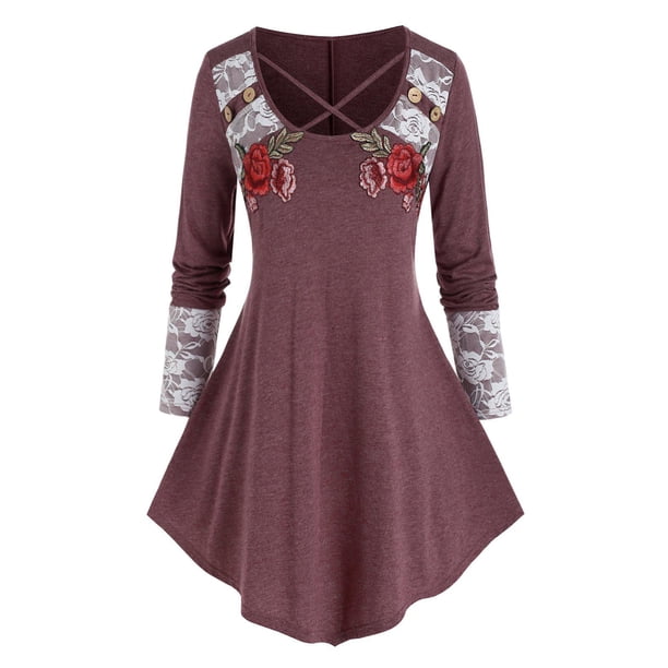 Inserción de encaje más grande Inserción de encaje CRISSCROSS Applique T Shirt Rosegal Mangas largas de talla grande