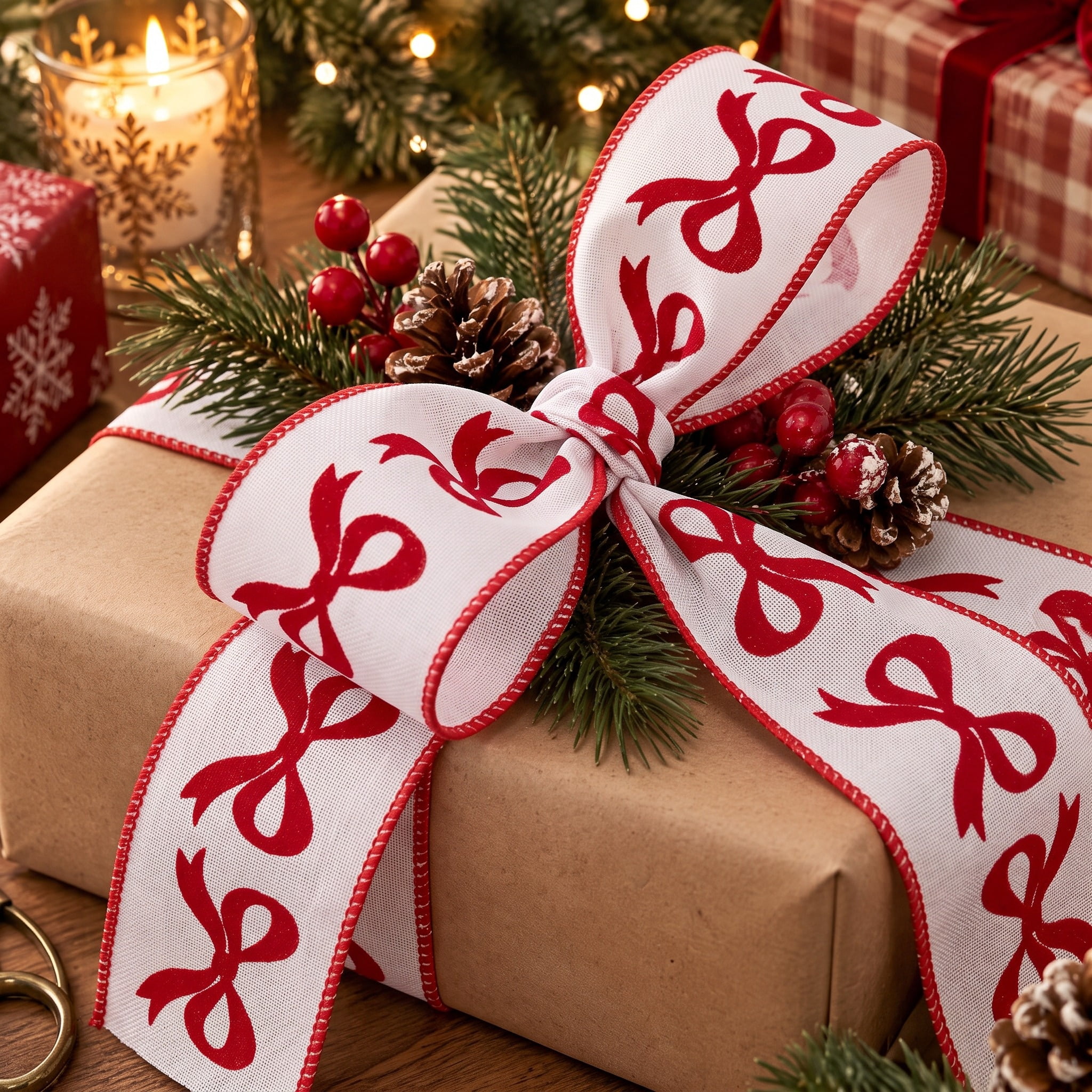 White and Red Bow Pattern Christmas Ribbon, 2.5" x 25', by Holiday Time