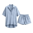thumbnail image 5 of Linen Lounge Short Sets for Women Summer Two Piece Shorts and Short Sleeve Top Matching Sets Casual Beach Outfits Blue M, 5 of 7