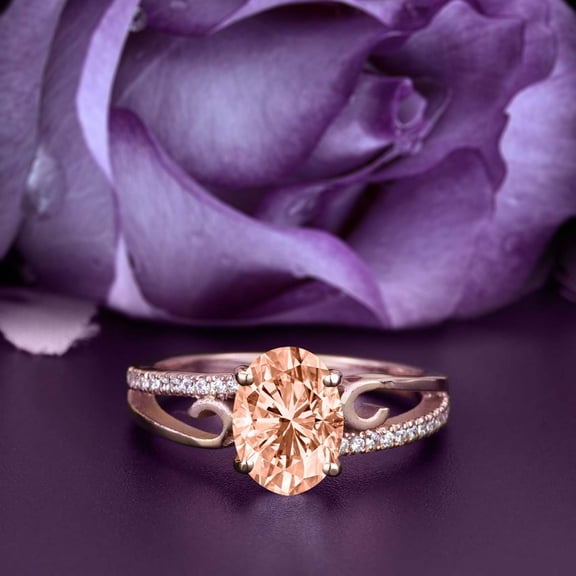 Gorgeous Art Nouvea 1.50 Carat Oval Cut Morganite And Diamond Moissanite Twirled Style Engagement Ring, Wedding Ring In 10K Solid Rose Gold, Gift For Her Promise Ring, Silver, Rose Gold