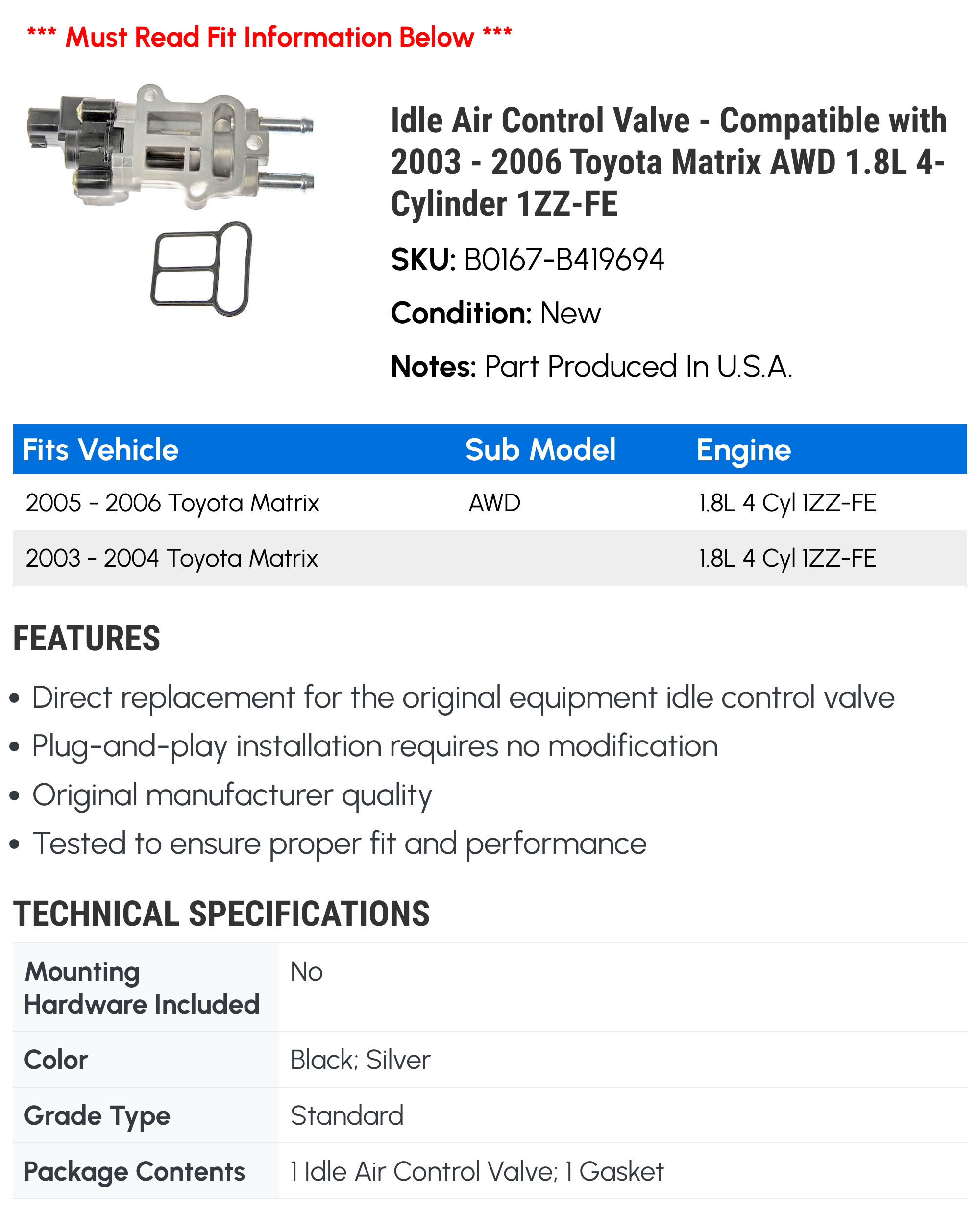 Idle Air Control Valve - Compatible with 2003 - 2006 Toyota Matrix AWD 1.8L 4-Cylinder 1ZZ-FE 2004 2005