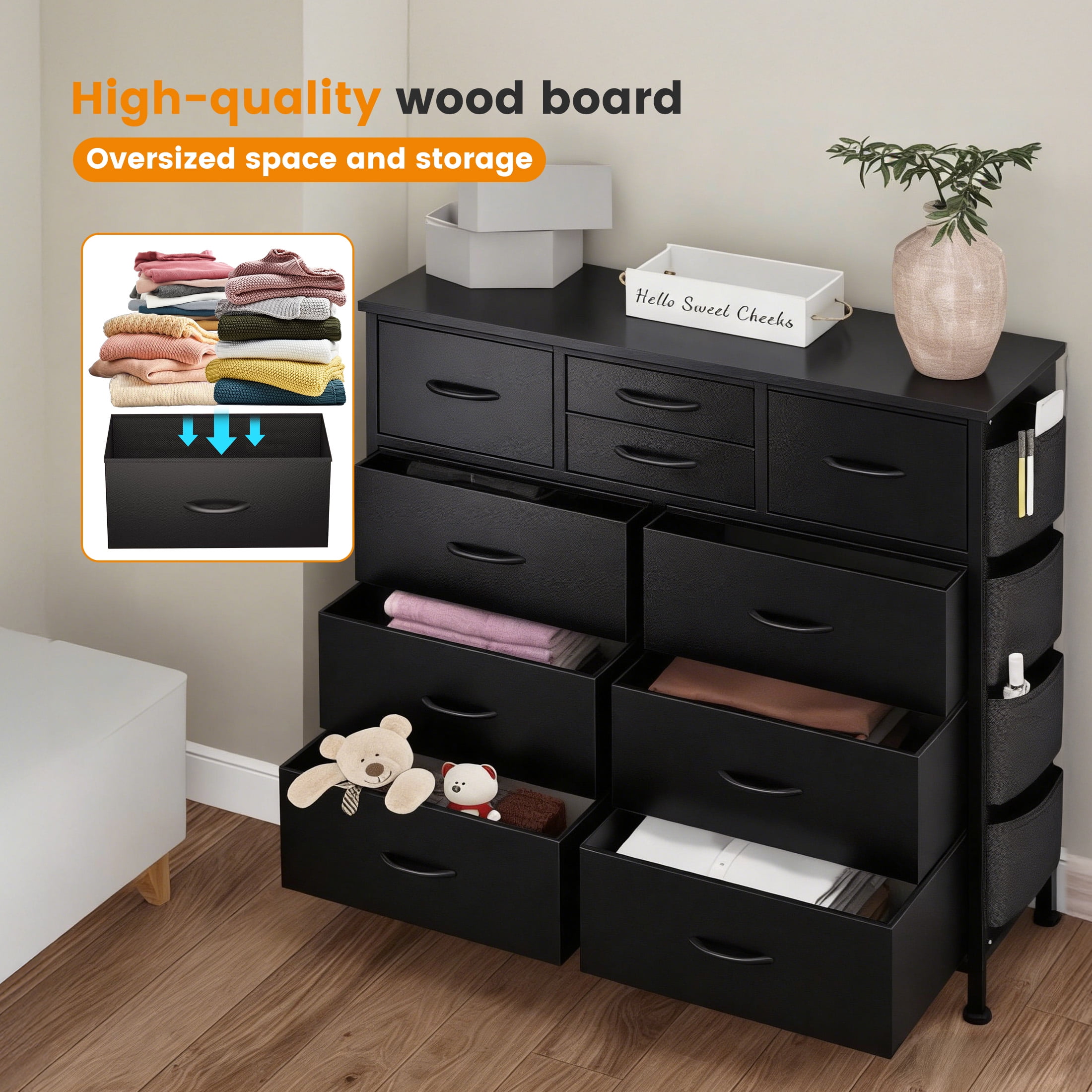edx Dresser Storage with 10 Drawers, Fabric Dresser Tower with Side Bag, Storage Unit for Bedroom, Closet, Office, Black