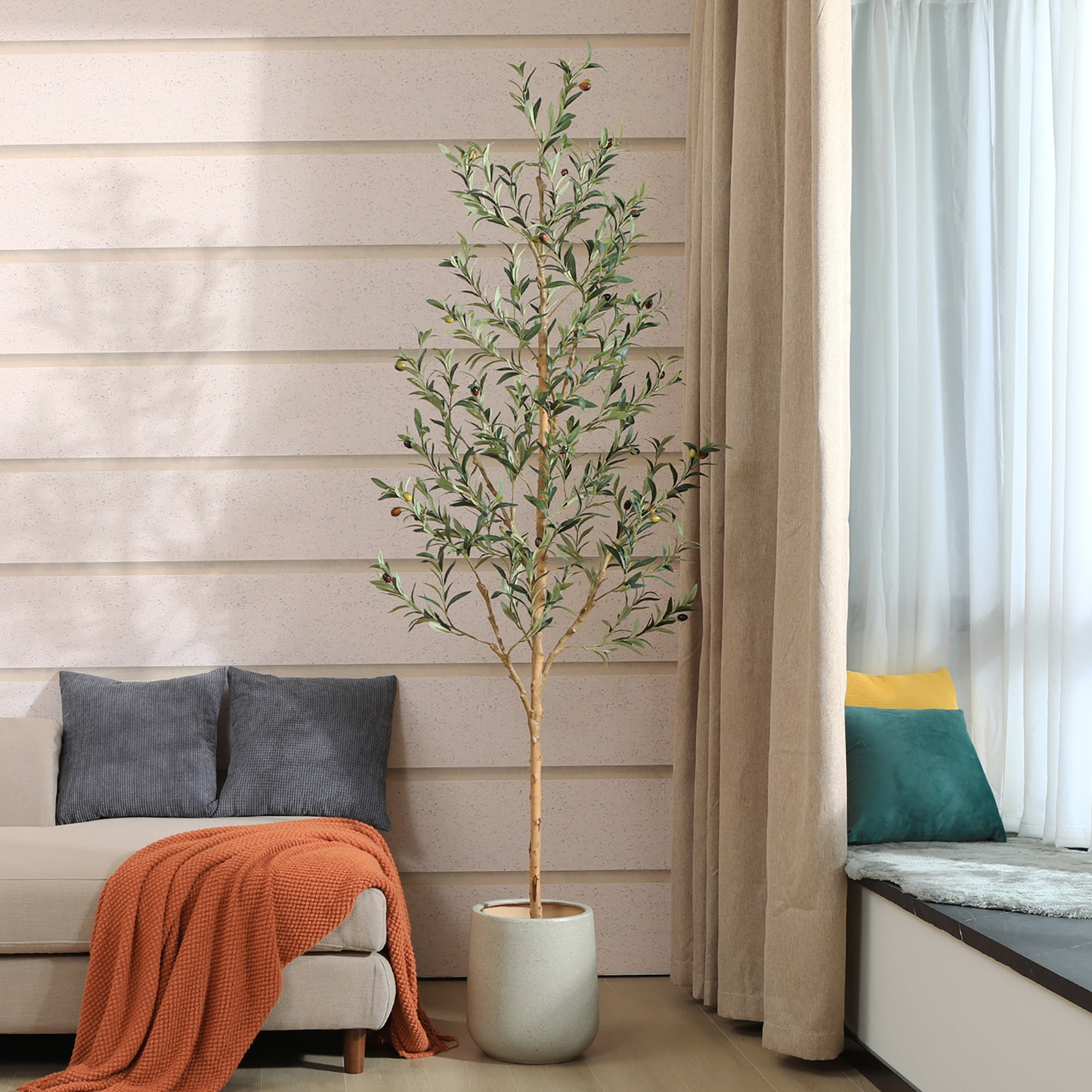 DR.Planzen 7ft Artificial Olive Tree Indoor, Tall Faux Olive Tree, Artificial Plants with Natural Wood Trunk and Lifelike Fruits for Home Office Decor