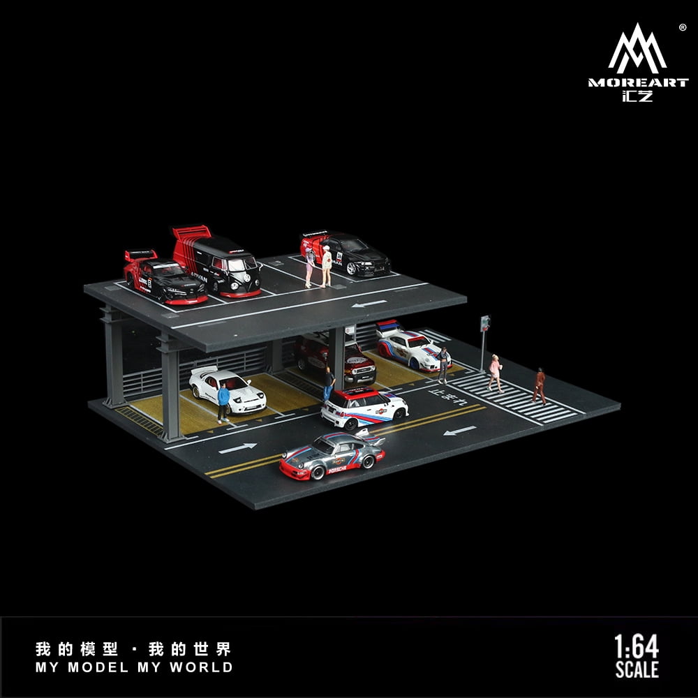 NUEIOVRW Diorama 1:64 Parking Lot Model, LED Lighting Diecast Car Garage Display Model, Car Showroom Scene Building Model Toy Gift, Car Models Display Case