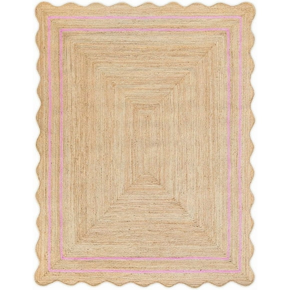 3x4 Ft Pink Border Premium Scalloped Jute Rug – Handcrafted Natural Braided Carpet for Living Room, Bedroom, Entryway – Boho Home Decor