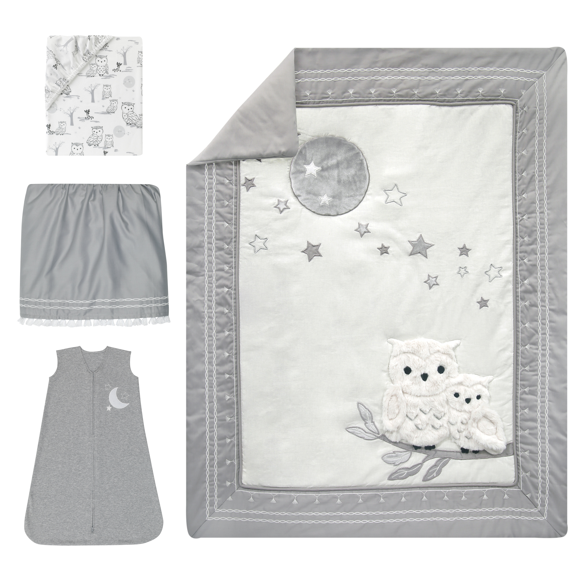 Lambs & Ivy Luna White/Gray Celestial Owl 4-Piece Nursery Baby Crib Bedding Set - image 2 of 9