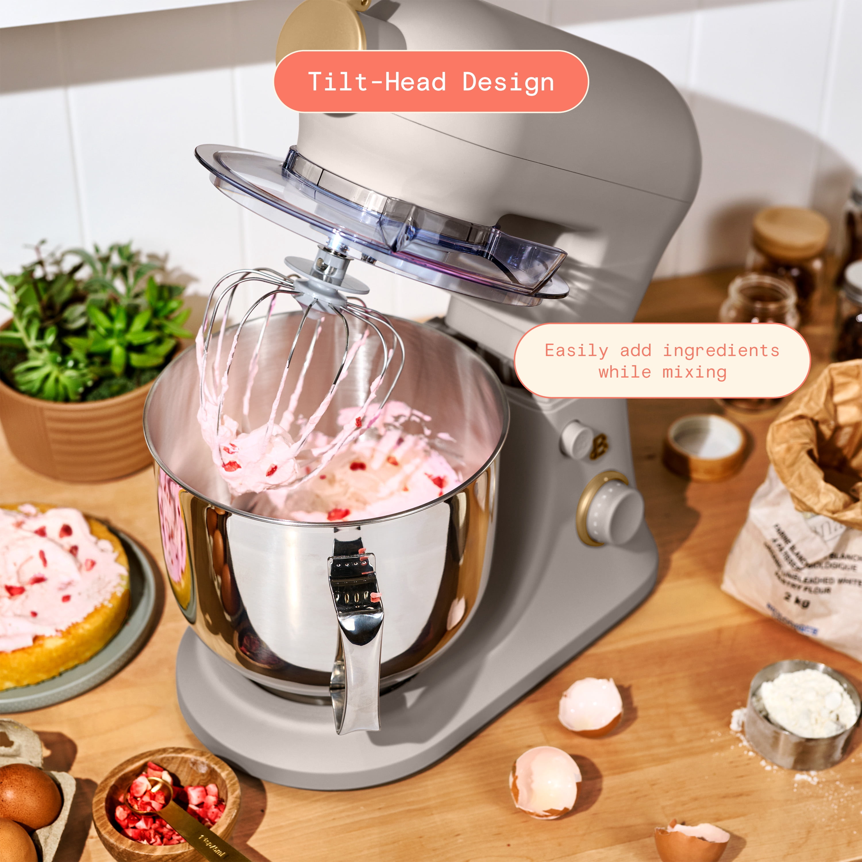 Beautiful 6 Qt Tilt-Head Stand Mixer with Dough Hook, Flat Beater, Balloon Whisk, Pastry Beater & Slicer/Shredder Set, Porcini Taupe by Drew Barrymore