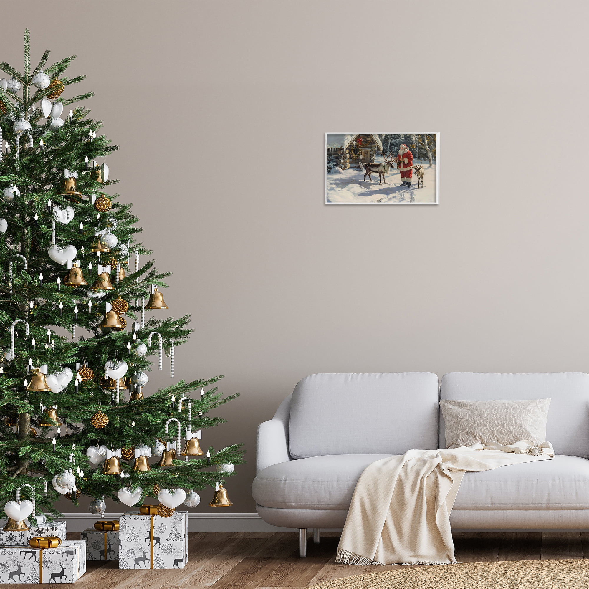 Stupell Industries Santa & Reindeer Scene Holiday Painting White Framed Art Prints Wall Art, 18 x 12