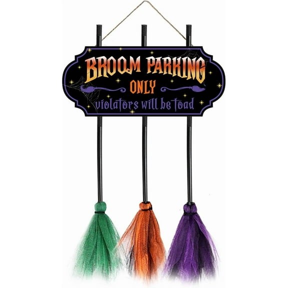 ASKETAM Halloween Signs Witch Broom Decor, Unique Parking Sign & 3 Colorful Brooms
