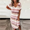 thumbnail image 2 of QIPOPIQ Robes pour Femmes Longues Fluides Robe à Étages Manches Courtes Col en V Imprimé à Rayures Robe d'Été Douce Robe de Bureau Élégante Confortable Offres 2023, 2 of 6