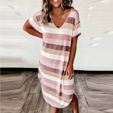 Blmnix Long Dresses for Women Pretty Spring Red Short Sleeve Beach Striped T-Shirt Casual Girls Dresses