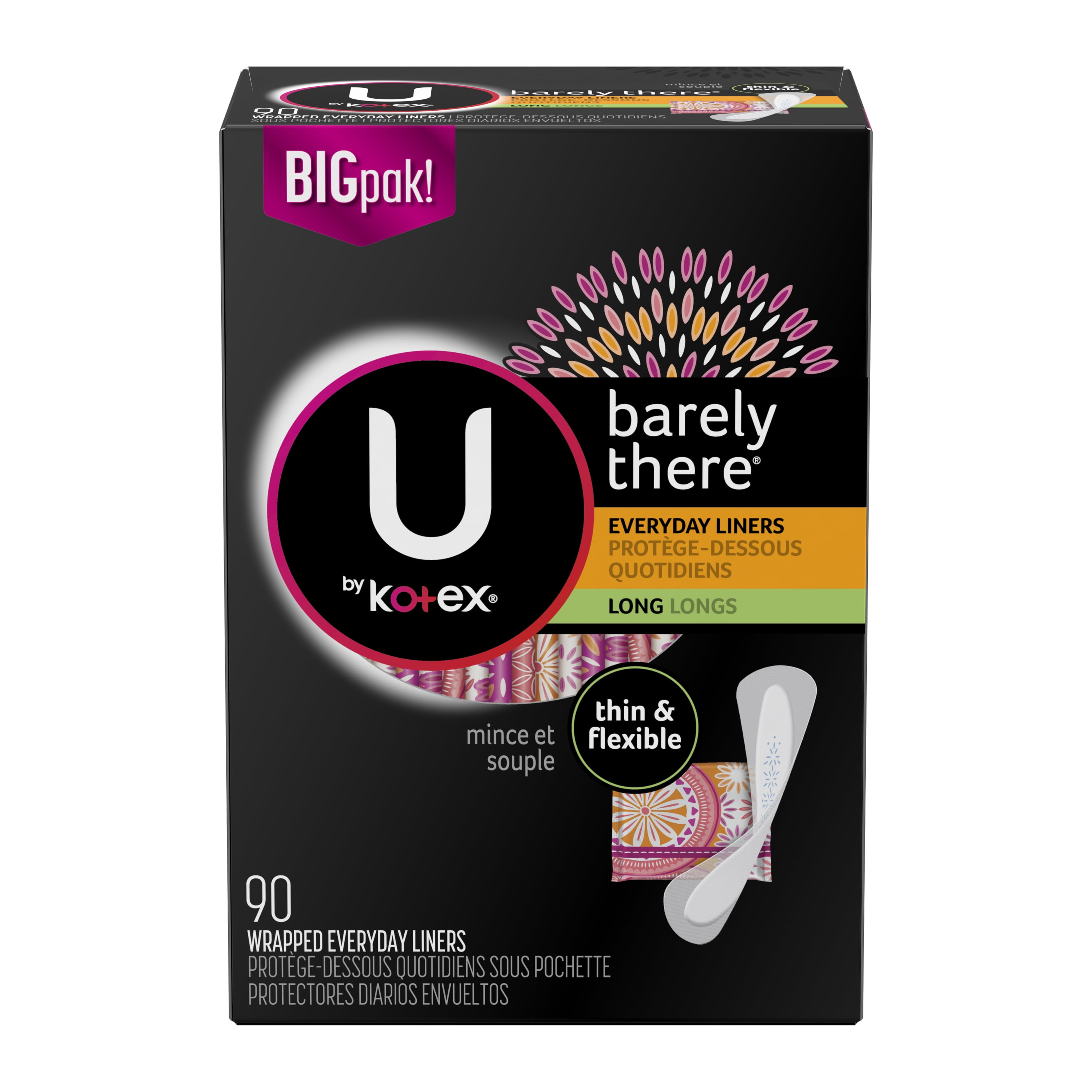 U by Kotex Barely There Liners, Light Absorbency, Long, Unscented, 90