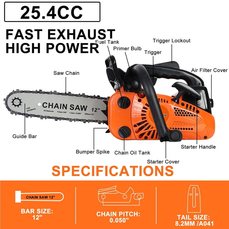 YNCE 25.4cc Gas Chainsaws 12 Inch Bar Power Chain Saws, Gas Powered Chainsaw 2 Stroke Handed Petrol Gasoline Chain Saw for Cutting Wood Outdoor Garden Farm Home Use