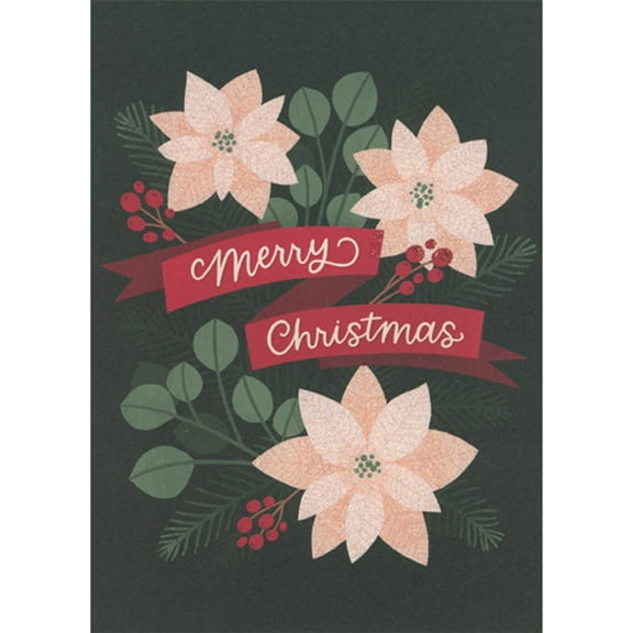 RSVP Three White and Pink Pointsettias with Red Merry Christmas Banner Christmas Card for Someone Special