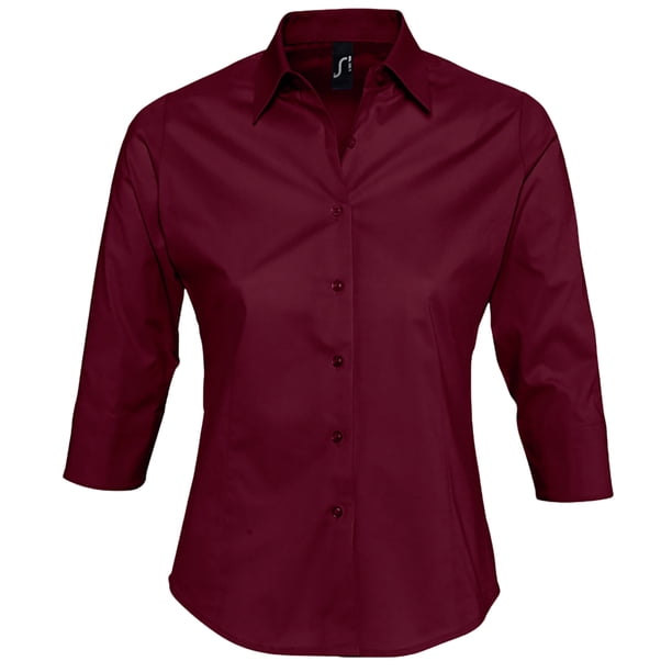 SOLS- Camisa de trabajo Effect entallada de manga tres cuartos para mujer (Burdeos)