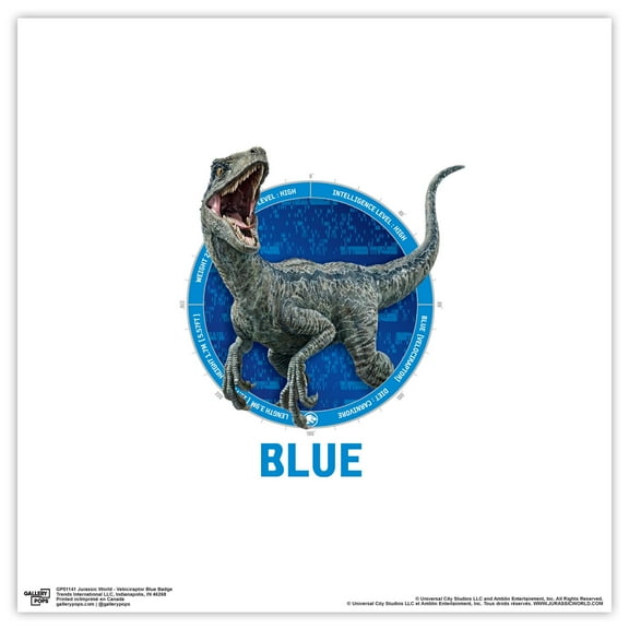 Gallery Pops Jurassic World - Velociraptor Blue Badge Wall Art, Unframed Version, 12" x 12"