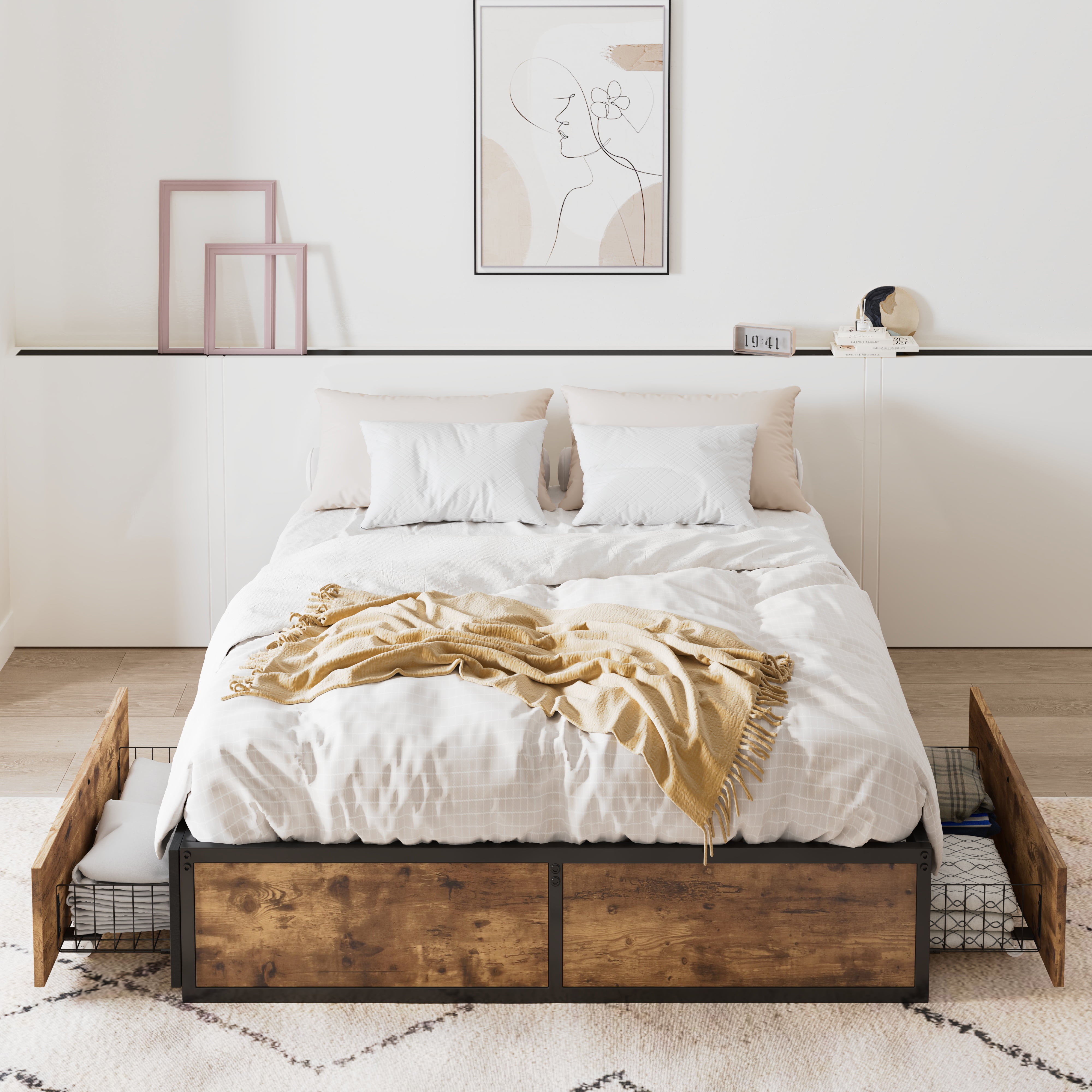 Amolife Queen Bed Frame, Metal Storage Platform Bed with 2 Ultra-Flexible Drawers & Easy Assembly, Brown