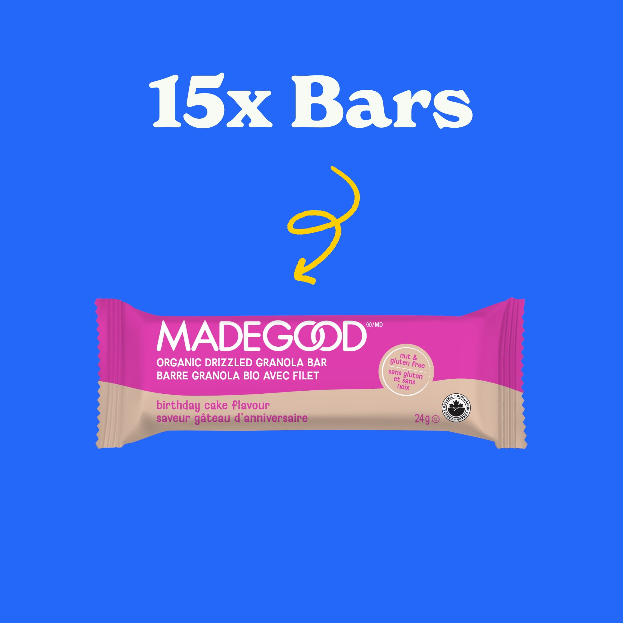 MadeGood Chocolate Drizzled Birthday Cake Bar 15ct, MG Birthday Cake Granola Bars VP
