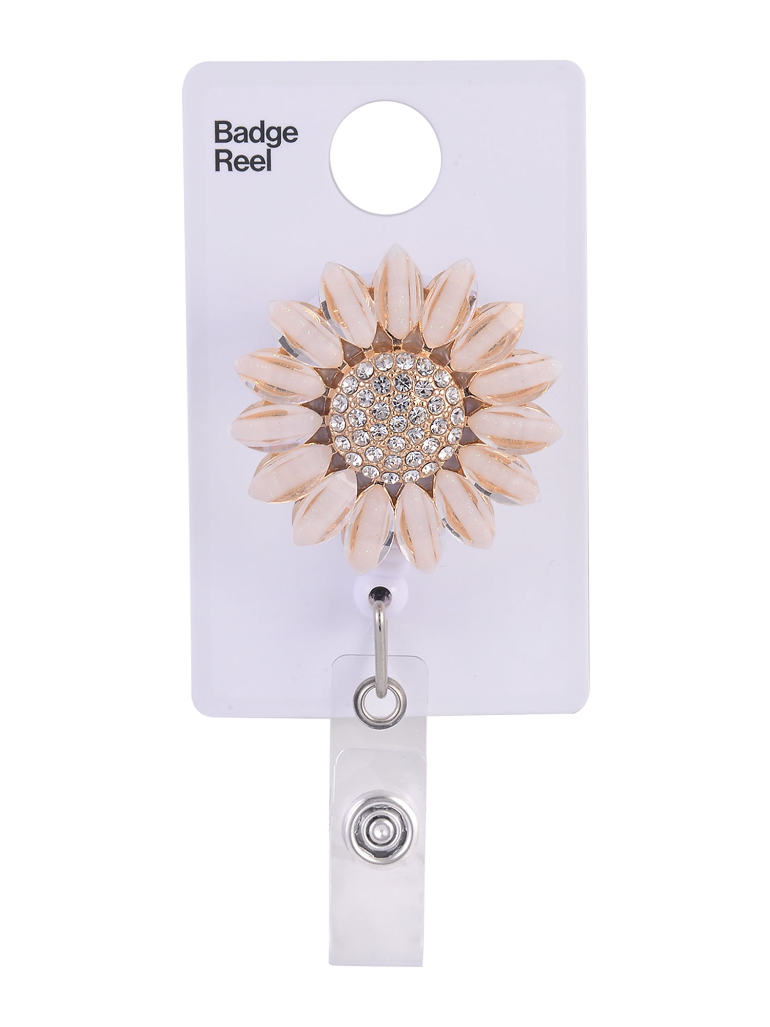 Solutions Goldtone Acrylic Glitter Sunflower Badge Reel with Crystal Stones