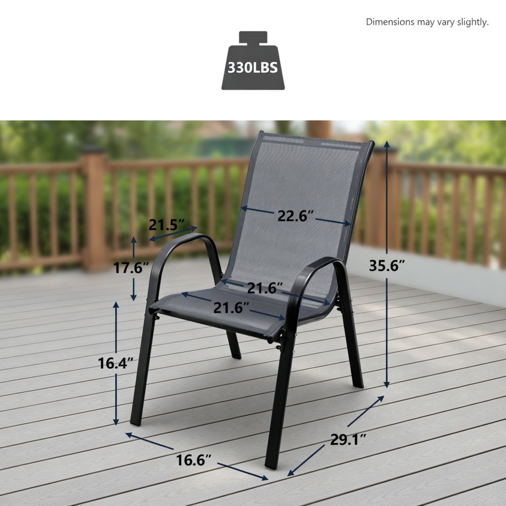 Hommoo 2-Pack Stackable Outdoor Dining Chairs with Armrests, Steel Frame, Breathable Fabric Seat, Easy Assembly Patio Chairs for Backyard or Deck, Grey