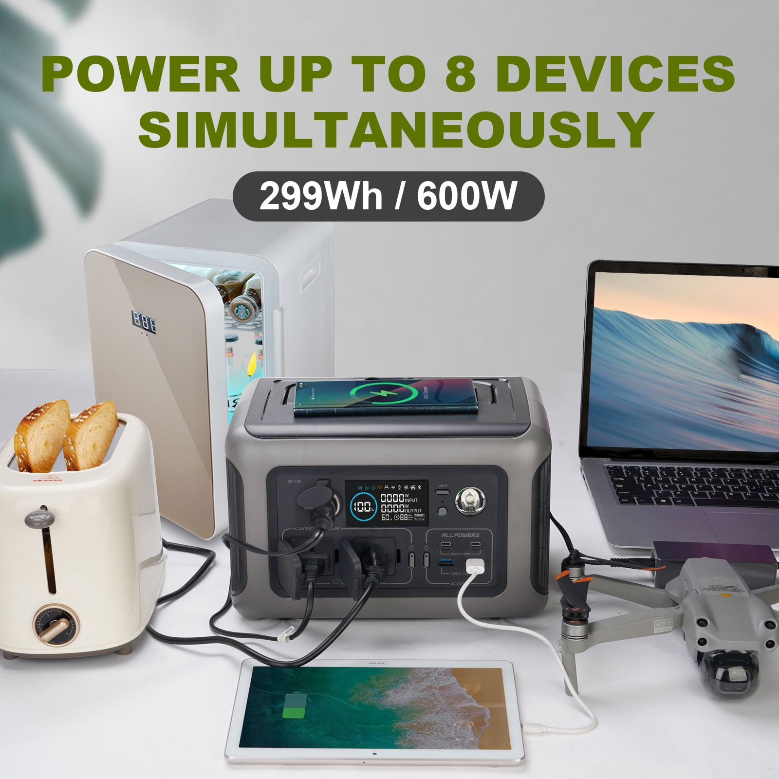 ALLPOWERS R600 Portable Power Station, 600W/299Wh LiFePO4 Battery, 8 Outputs, Fast Charging, UPS Backup, Solar Generator for Home Outage, CPAP, Camping