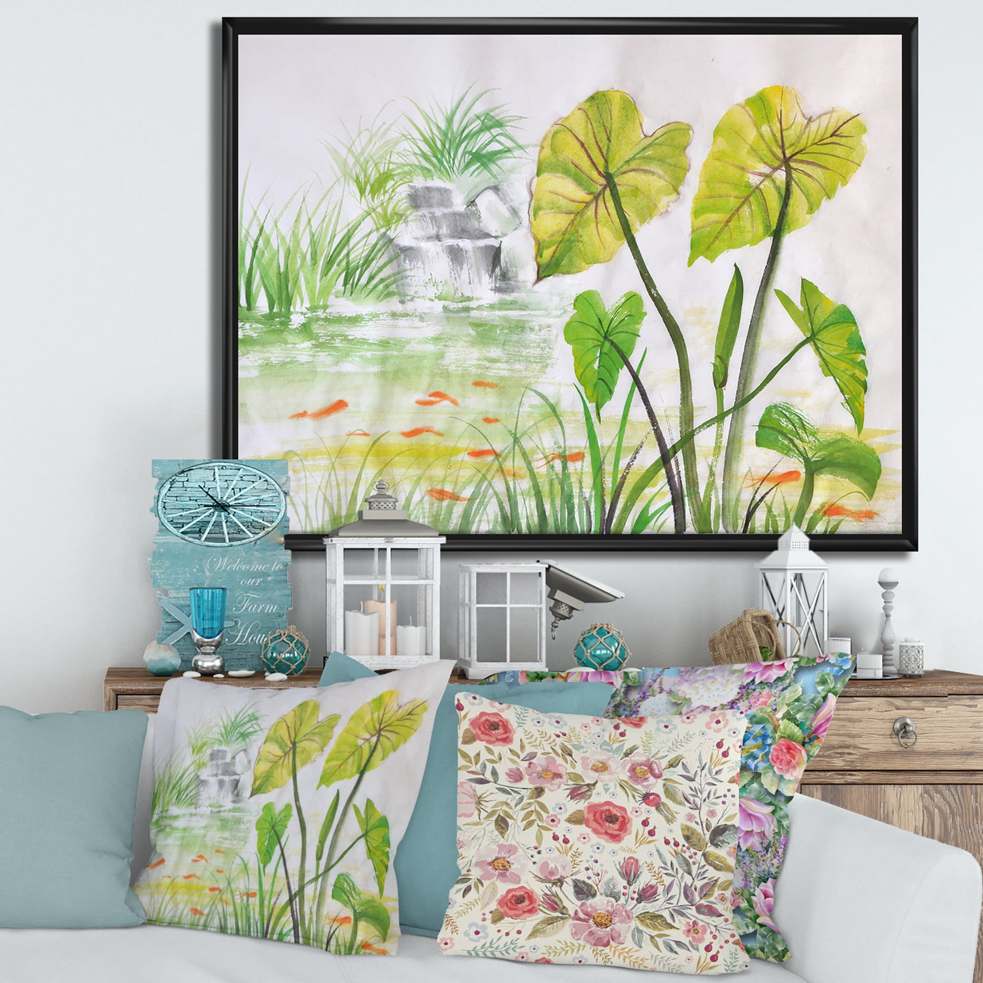 Designart 'Ancient Lotus Pond' Lake House Framed Canvas Wall Art Print