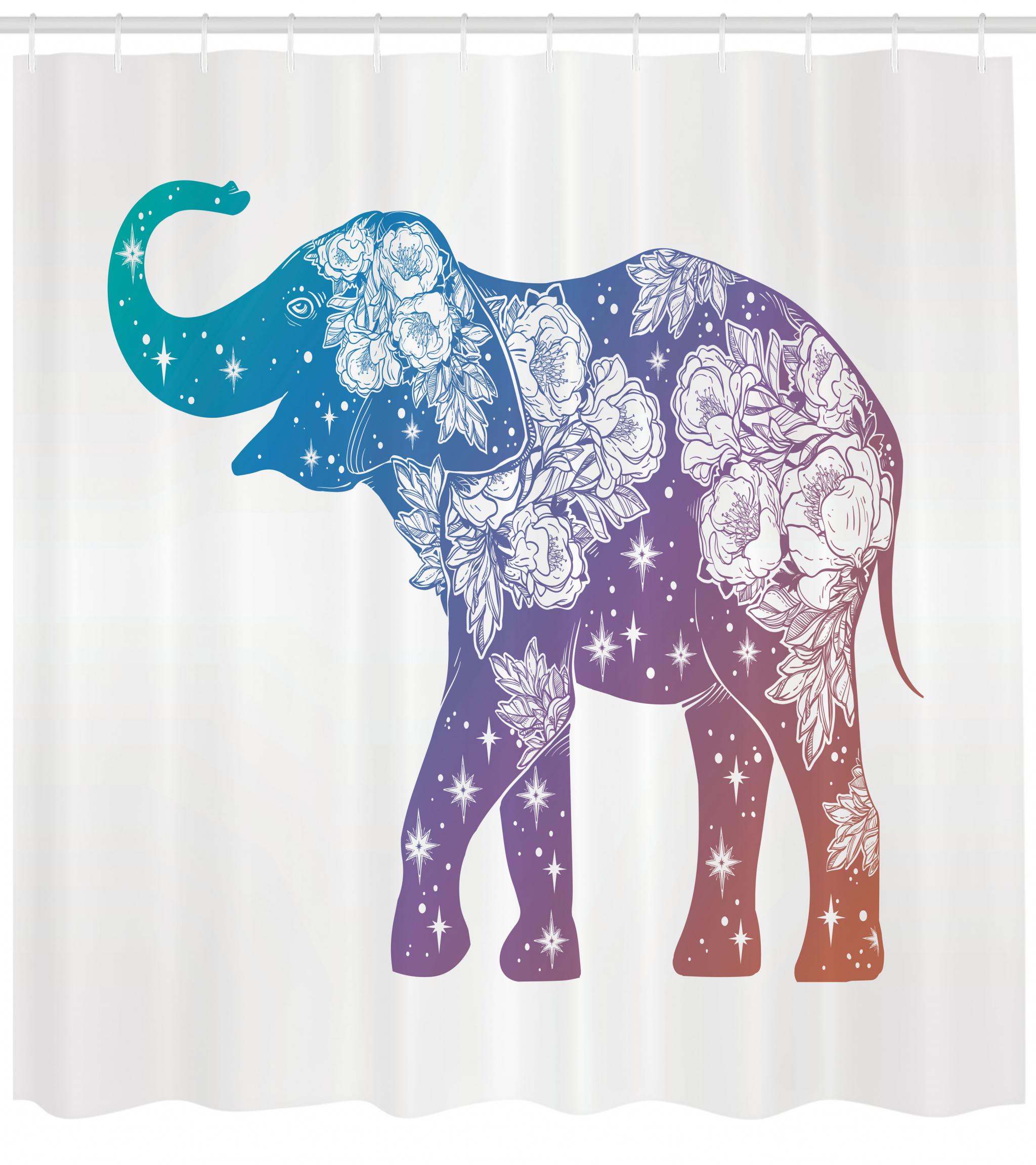 Elephant Shower Curtain, Asian Animal with Romantic Wildrose Pattern