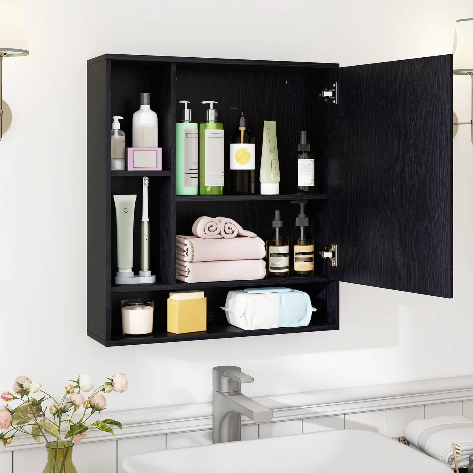 Costway Bathroom Wall Cabinet with Mirror, Single Door, 3 Open Shelves & Adjustable Shelf Black