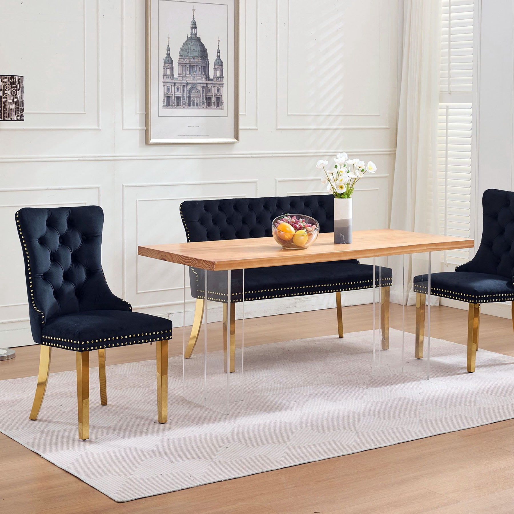 S-HOME Stylish Velvet Double Seat Loveseat Bench Featuring Handmade Buttons and Gold-Plated Steel Legs for Dining Areas, Black