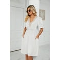 thumbnail image 3 of OUSIMEN Women's 2023 spring and summer solid color lace stitching V-neck short-sleeve pocket waist dress, 3 of 5