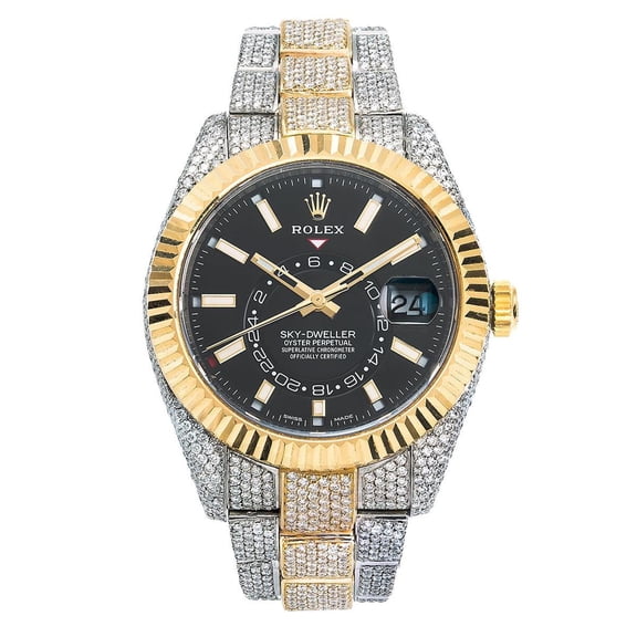 Pre-Owned Rolex Sky-Dweller 42MM 326933 Black Dial Fluted Bezel Two Tone Yellow Gold Full Diamond Oyster Bracelet 21.5ct