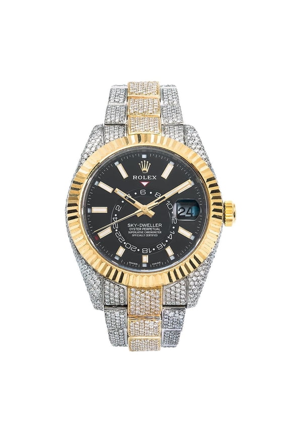 Pre-Owned Rolex Sky-Dweller 42MM 326933 Black Dial Fluted Bezel Two Tone Yellow Gold Full Diamond Oyster Bracelet 21.5ct
