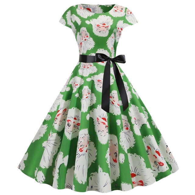 Pompotops Robe Vintage de Soirée à Manches Courtes Col Rond avec Bandage et Fermeture Éclair pour Femmes, Imprimé Rétro de Noël