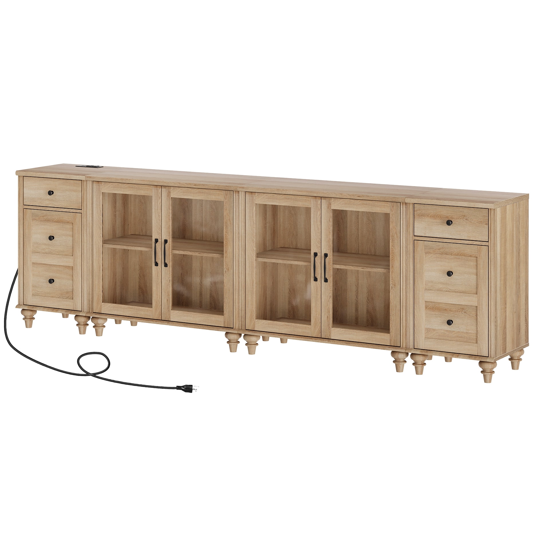 WAMPAT TV Stand for 100 Inch TV, Wooden TV Console Table for 85 90 95 Inch TV, Entertainment Center with Charging Station & Glass Door, Kitchen Sideboard Buffet Cabinet for Dining Room, Oak