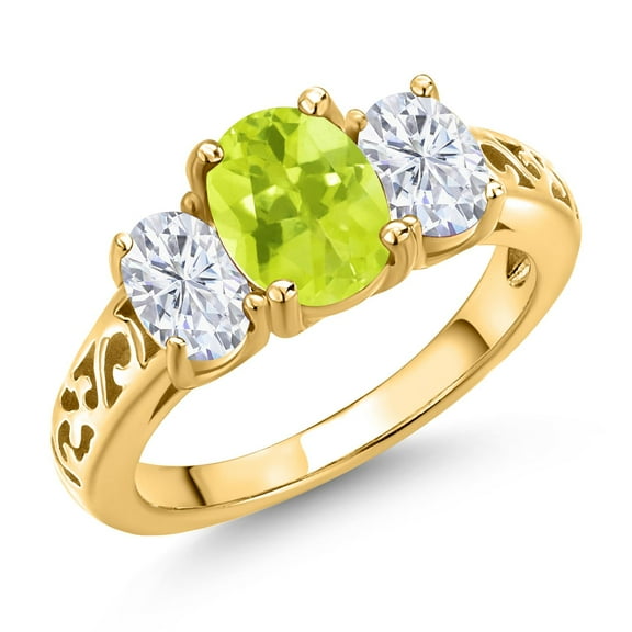 Gem Stone King 18K Yellow Gold Plated Silver Yellow Lemon Quartz and White Moissanite Filigree Style 3 Stone Ring for Women (2.10 Cttw, Oval 8X6MM and 6X4MM) (Size 6)