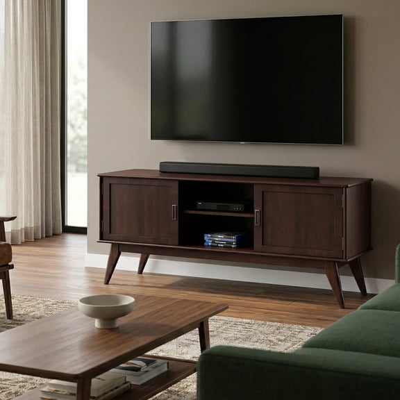 Simpli Home Draper 60 inch Wide Solid Wood Mid Century Low TV Stand in Medium Auburn Brown For TVs up to 65 inches